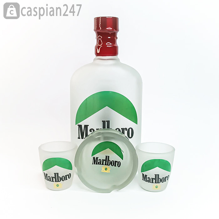 ست بطری شیشه ای  650 میلی لیتری با 2 شات و زیر سیگاری مات طرح مارلبرو