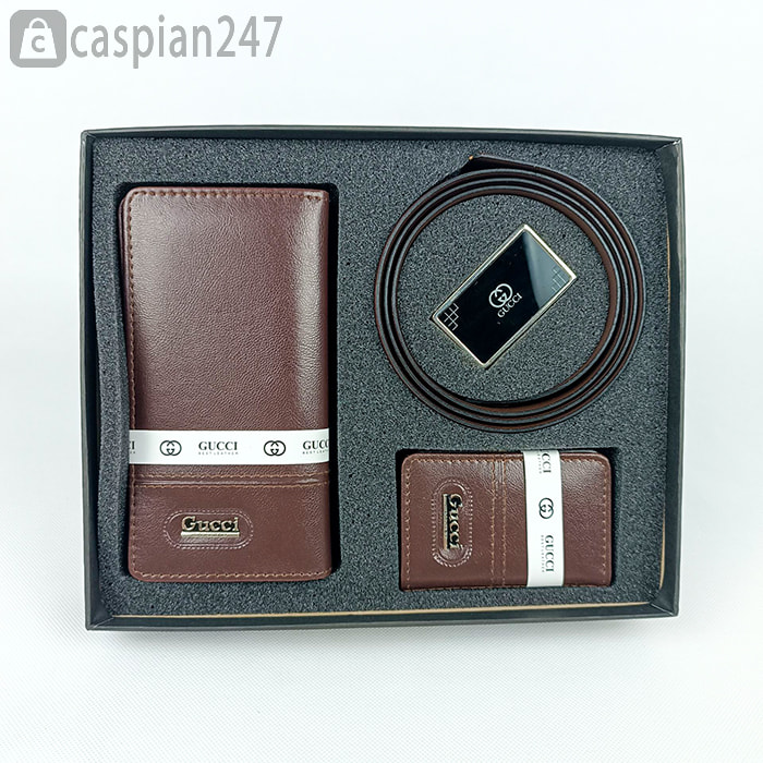 ست هدیه مردانه گوچی شامل کمربند،کیف پول و جاکارتی چرمی شیک قهوه ای