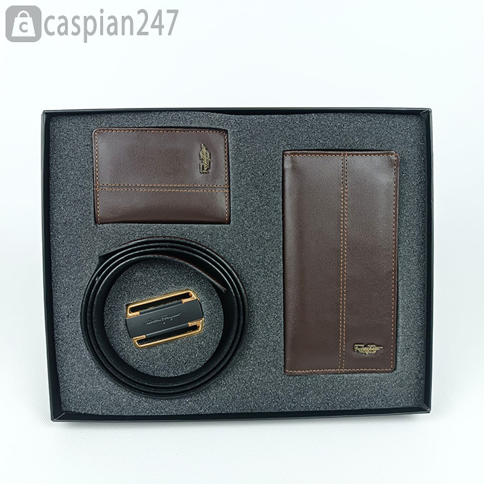 ست هدیه مردانه چرمی فراگامو شامل کمربند،کیف پول و جاکارتی قهوه ای باکس دار