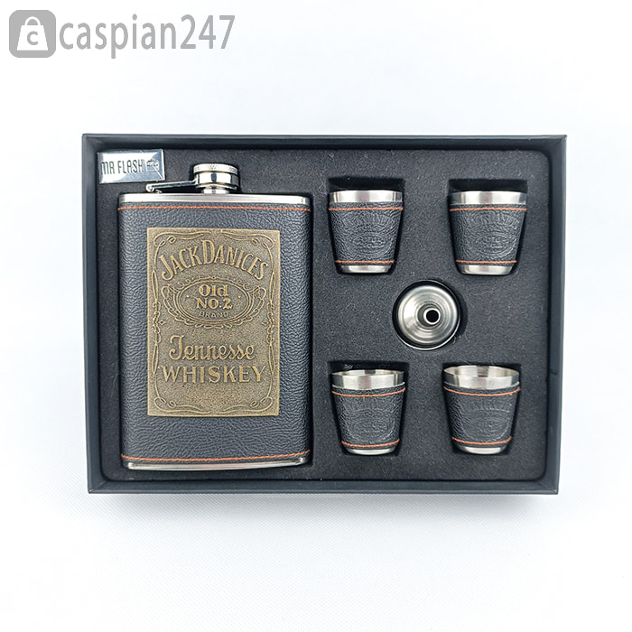 ست هیپ فلاسک (قمقه جیبی) 4 شات چرم پلاک دار جک دنیلز مشکی