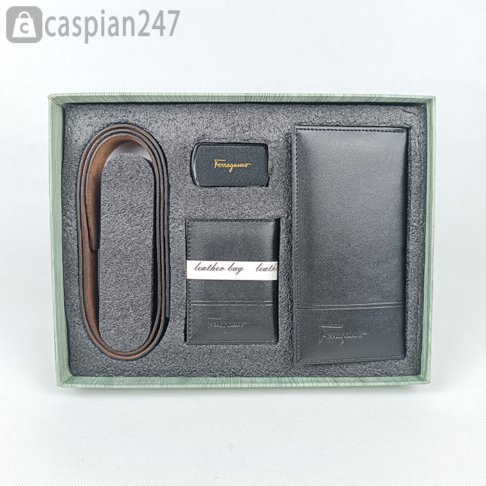 ست هدیه مردانه چرمی فراگامو شامل کمربند،کیف پول و جاکارتی مشکی
