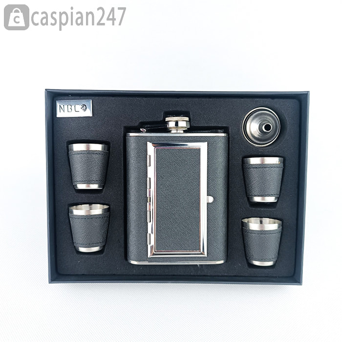 ست هیپ فلاسک(قمقمه جیبی)4 شات چرم جاسیگاری دار مشکی